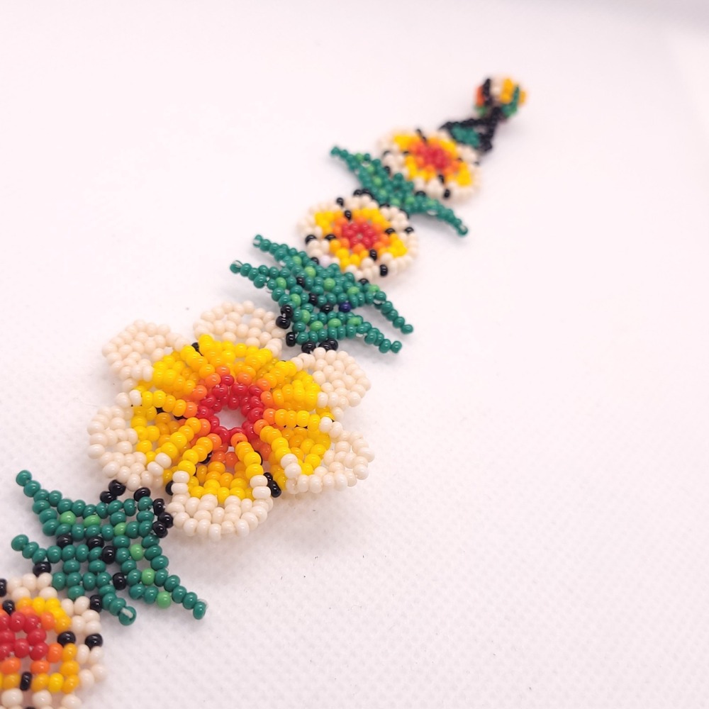 Handmade Seed Bead Flower Bracelet 7" Floral Green Yellow Orange White Folk Art